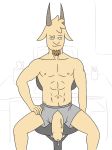  abs anthro big_penis boxers_(clothing) caprine cartoon_network chair clothed clothing computer desk front_view fur goat half-erect hand_on_thigh humanoid_penis looking_at_viewer luigiman male mammal office_chair penis penis_through_fly poking_out pose precum precum_string regular_show simple_background sitting smile smirk solo thick_penis thomas_(regular_show) topless uncut underwear vein 