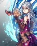  anonamos bag bangle bare_shoulders bird blue_scarf book bracelet brown_gloves commentary_request dress elbow_gloves fingerless_gloves fire_emblem fire_emblem:_akatsuki_no_megami fire_emblem_heroes gloves hair_ribbon half_updo jewelry micaiah pantyhose pouch ribbon satchel scarf side_slit silver_hair sleeveless sleeveless_dress smile yellow_eyes 