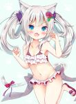  :o animal_ears azur_lane bangs bare_arms bare_legs bare_shoulders bell bikini blue_eyes blush bow cat_ears cat_tail claw_pose collarbone commentary_request esureki eyebrows_visible_through_hair fang fingernails flower frilled_bikini frills hair_between_eyes hair_flower hair_ornament hammann_(azur_lane) hands_up highres jingle_bell long_hair looking_at_viewer open_mouth red_bow red_flower red_footwear red_rose rose sandals see-through silver_hair solo swimsuit tail tail_bell tail_bow twintails v-shaped_eyebrows white_bikini 