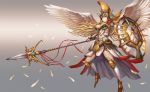  angel angel_wings armor blonde_hair boots breasts closed_mouth commentary feathers floating_hair flying green_eyes grey_background helm helmet holding holding_weapon large_breasts maekawa_yuichi original polearm shield solo spear spread_wings weapon wings 