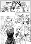  6+girls alternate_costume bismarck_(kantai_collection) blush comic commentary_request gloves greyscale hairband hat highres jervis_(kantai_collection) jintsuu_(kantai_collection) kagerou_(kantai_collection) kantai_collection long_hair monochrome multiple_girls munmu-san neckerchief open_mouth pants pleated_skirt pout puffy_short_sleeves puffy_sleeves remodel_(kantai_collection) richelieu_(kantai_collection) sailor_collar school_uniform serafuku shirt short_hair short_sleeves silent_comic skirt speech_bubble spoken_ellipsis tanikaze_(kantai_collection) translated twintails vest warspite_(kantai_collection) 