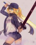  1girl ahoge ass blonde_hair buruma fate_(series) mysterious_heroine_x solo sword weapon 
