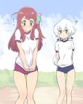  2girls ? alternate_costume blue_eyes blush buruma commentary embarrassed flying_sweatdrops gym_uniform hairband highres konno_junko long_hair minamoto_sakura multiple_girls red_hair shirt_pull twintails ueyama_michirou white_hair zombie_land_saga 