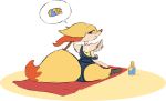  3_fingers 3_toes braixen clothing female fur half-closed_eyes inner_ear_fluff looking_at_viewer looking_back lotion nintendo on_towel one-piece_swimsuit orange_eyes orange_fur orange_nose pictographics pok&eacute;mon pok&eacute;mon_(species) siebedraws smile solo swimsuit toes towel video_games white_fur yellow_fur 