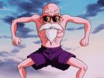  animated animated_gif bald bare_chest bare_legs beard clenched_hands day dragon_ball facial_hair fighting_stance frown lowres male_focus muscle mustache muten_roushi nipples non-web_source screencap shorts sky standing sunglasses upper_body veins 