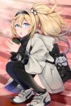  backpack bag blonde_hair blue_eyes cafe coat coffee_cup commentary_request cup disposable_cup escort_water_hime eyebrows_visible_through_hair gambier_bay_(kantai_collection) hair_between_eyes hair_ornament hairband hands_together highres kantai_collection looking_at_viewer open_mouth penguin_hair_ornament ponytail scarf shoes sitting sneakers solo stairs thighhighs winter yunamaro zettai_ryouiki 