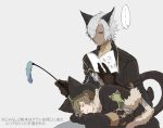  ^_^ animal_ears animal_hood black_gloves brown_hair cat_hood cat_teaser closed_eyes cosplay dark_skin dark_skinned_male erune eustace_(granblue_fantasy) fake_tail gloves gran_(granblue_fantasy) granblue_fantasy grey_background hood knights_of_glory kuronekodoushi kuronekodoushi_(cosplay) lap_pillow male_focus multiple_boys paw_gloves paws reading rei_(ier_br) simple_background sitting smile tail 