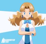  aggrav8edartist artist_name blue_dress blue_eyes breasts brown_hair cleavage commentary crossed_arms dress earrings highres holding holding_poke_ball jewelry large_breasts long_hair looking_at_viewer mii_snowdon older poke_ball pokemon pokemon_(anime) pokemon_(classic_anime) pokemon_m03 sleeveless sleeveless_dress solo 