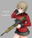  absurdres arm_behind_head assault_rifle bangs black_skirt blonde_hair blue_eyes braid bullpup character_name closed_mouth commentary cowboy_shot cursive darjeeling english epaulettes girls_und_panzer grey_background gun highres holding holding_gun holding_weapon jacket l85 light_frown long_sleeves looking_at_viewer military military_uniform miniskirt pleated_skirt red_jacket rifle short_hair simple_background skirt solo st._gloriana's_military_uniform tacch tied_hair trigger_discipline uniform weapon 