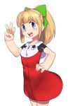  bangs blonde_hair blue_eyes blunt_bangs blush bow capcom commentary_request dress green_bow hair_bow hair_ornament hand_gesture hand_on_hip high_ponytail hood hood_down hooded_dress long_hair looking_to_the_side open_mouth ponytail red_dress rockman rockman_(classic) rockman_11 roll sidelocks solo teeth ukimukai white_background 