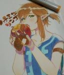  apple armband blonde_hair blush collarbone earrings eating eyelashes fingerless_gloves food fruit gloves green_eyes hair_tie holding holding_food honey jewelry link looking_at_viewer male_focus marker marker_(medium) open_mouth photo pointy_ears roda_(roda826) shirt short_ponytail short_sleeves solo teeth the_legend_of_zelda the_legend_of_zelda:_breath_of_the_wild traditional_media tunic upper_body 