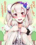  alternate_hairstyle black_choker blue_flower blush choker clothes_writing commentary elu_(nijisanji) fairy_wings flower hair_flower hair_ornament heart long_hair looking_at_viewer moketa nijisanji open_mouth pointy_ears red_eyes shirt silver_hair smile solo t-shirt twintails virtual_youtuber wings 