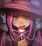 bangs blunt_bangs covered_mouth food fork fruit hand_up hat holding looking_at_viewer original purple_eyes purple_hair purple_hat sibyl solo strawberry 