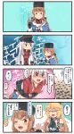  4koma @_@ ^_^ ^o^ black_gloves black_hat black_skirt blonde_hair blush blush_stickers brown_eyes brown_gloves brown_hair closed_eyes comic commentary facial_scar fingerless_gloves gangut_(kantai_collection) gloves hair_ornament hairclip hat hibiki_(kantai_collection) highres ido_(teketeke) implied_pantyshot iowa_(kantai_collection) jacket kantai_collection long_hair long_sleeves multiple_girls no_legwear one_eye_closed open_mouth pipe pipe_in_mouth pleated_skirt red_eyes red_shirt scar shirt skirt smile speech_bubble tashkent_(kantai_collection) the_man_from_u.n.c.l.e. translated verniy_(kantai_collection) white_hair white_jacket 