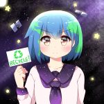  absurdres agung_syaeful_anwar blue_hair blush closed_mouth commentary earth-chan eyebrows_visible_through_hair green_hair highres holding holding_sign original purple_sailor_collar recycling_symbol sailor_collar satellite school_uniform serafuku shirt short_hair sign solo space star star_print upper_body v-shaped_eyebrows white_shirt 