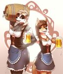  2018 alcohol anthro badger beer beverage blue_eyes breasts brown_hair canine cleavage clothed clothing coyote digital_media_(artwork) duo female hair hi_res holding_object keg long_hair looking_at_viewer mammal mustelid mykegreywolf open_mouth purple_eyes white_hair 