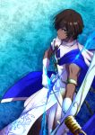  absurdres aqua_background arjuna_(fate/grand_order) armlet arrow bangs bow_(weapon) brown_hair character_name cloak closed_mouth commentary_request dark_skin dark_skinned_male drawing_bow elbow_gloves fate/grand_order fate_(series) feet_out_of_frame from_above from_side frown gloves hair_over_one_eye hands_up highres holding holding_arrow holding_bow_(weapon) holding_weapon indian_clothes legs_apart looking_at_viewer male_focus muscle pants parted_bangs pelvic_curtain quiver serious shiny shiny_hair shirt simple_background sleeveless sleeveless_shirt solo standing turtleneck wavy_hair weapon white_cloak white_gloves white_pants white_shirt yukinishi_(spiral_stairs) 