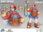  absurdres antonio_demico apron brown_eyes brown_gloves brown_hair commentary concept_art cosplay crossover english_commentary f.l.u.d.d. full_body gloves goggles gun handgun highres holding holding_weapon lips mario mario_(cosplay) mario_(series) mei_(overwatch) overalls overwatch pun short_hair snowball_(overwatch) solo super_mario_bros. super_mario_sunshine waist_apron weapon 
