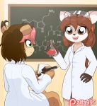  2018 alfa995 animated anthro beaker black_nose blinking brown_eyes brown_hair cervine chalkboard clothed clothing digital_media_(artwork) dipstick_ears doe_(alfa995) duo eyelashes eyewear female freckles goggles green_eyes hair holding_object lab_coat mammal multicolored_hair notepad open_mouth patreon pen science short_hair smile two_tone_hair writing_text 