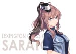  blue_eyes blue_shirt brown_hair character_name employee_uniform hair_between_eyes hair_ornament kantai_collection lawson long_hair name_tag rokuwata_tomoe saratoga_(kantai_collection) shirt short_sleeves side_ponytail simple_background smile smokestack_hair_ornament solo striped striped_shirt uniform vertical-striped_shirt vertical_stripes white_background 