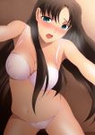  1girl blush bra breasts brown_hair cleavage cowboy_shot embarrassed fate/stay_night fate_(series) floating_hair green_eyes heavy_breathing highres indoors large_breasts legs long_hair looking_at_viewer navel open_mouth panties solo standing thighs tohsaka_rin underwear white_bra white_panties yadokari_genpachirou 