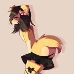  anthro black_hair blush butt butt_focus canine clothed clothing collar crossdressing dog ear_piercing fredek666 girly golden_retriever hair hair_ribbon looking_back male mammal nipples piercing ribbons simple_background skirt solo standing thelly topless 