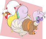  2017 amelia_(xingscourge) anthro anthrofied ass_to_ass bent_over big_butt blush border bottomless butt butt_bump clothed clothing digital_media_(artwork) dragon duo female goodra hair half-closed_eyes happy hoodie huge_butt kiwi_(potoobrigham) looking_back mega_ampharos mega_evolution nervous nintendo overweight overweight_female partially_clothed pok&eacute;mon pok&eacute;mon_(species) pok&eacute;morph shy slightly_chubby thick_thighs video_games white_border white_hair wide_hips wrappings xingscourge yellow_skin 
