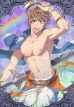  :d adjusting_clothes adjusting_hat contrapposto gran_(granblue_fantasy) granblue_fantasy hat highres jacket_on_shoulders looking_to_the_side male_focus male_swimwear mazjojo nipples open_mouth rainbow smile solo standing swim_trunks swimwear sword toned toned_male visor_cap weapon wet 