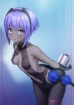  arms_behind_back ass bangs bare_shoulders belt black_gloves black_leotard blush box breasts butt_crack closed_mouth commentary_request cowboy_shot eyebrows_visible_through_hair fate/prototype fate/prototype:_fragments_of_blue_and_silver fate_(series) gift gift_box gloves grey_skin hair_between_eyes hairband hassan_of_serenity_(fate) holding holding_gift leaning_forward leggings leotard looking_at_viewer mashima_(sumachi) purple_eyes purple_hair sidelocks small_breasts solo 