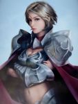  akatsuki_art armor blonde_hair breasts cape capelet cleavage highres knight large_breasts navel original pauldrons photorealistic short_hair solo yellow_eyes 