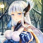  bangs bare_tree blue_eyes blue_hair blunt_bangs blush box day fence forest gift giving incoming_gift japanese_clothes kimono lamppost long_hair long_sleeves looking_at_viewer nature onmyoji outdoors parted_lips sash sibyl snow snowing solo tassel tree valentine wide_sleeves yuki_onna_(onmyoji) 