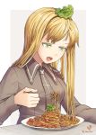  blonde_hair dr.beeeee eating eyelashes food food_on_head fork green_eyes hair_as_food highres long_hair meat necktie object_on_head open_mouth original pasta plate simple_background solo spaghetti upper_body 