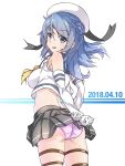  2018 blue_eyes blue_hair breasts cowboy_shot crop_top dated double_bun elbow_gloves eyebrows_visible_through_hair from_behind gloves grey_skirt grin hair_between_eyes harukawa_(hal501) hat highres kantai_collection large_breasts looking_at_viewer looking_back midriff neckerchief panties pantyshot pantyshot_(standing) pink_panties pleated_skirt sailor_hat school_uniform serafuku simple_background skindentation skirt sleeves_rolled_up smile solo standing thigh_strap underwear urakaze_(kantai_collection) white_background white_gloves yellow_neckwear 