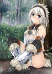  armor bangs bare_shoulders blue_eyes blush boots breasts cleavage closed_mouth commentary_request day embarrassed eyebrows_visible_through_hair full_body fur_trim gauntlets grass grey_hair hairband hand_on_own_chest hand_up highres horn kirin_(armor) knees_up kuon_makoto long_hair looking_at_viewer medium_breasts midriff monster_hunter nipples nose_blush outdoors panties rain see-through shoe_soles sitting solo strapless thighhighs tubetop underwear wet wet_clothes wet_face wet_panties white_panties 