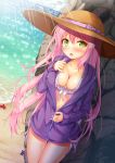  absurdres beach blush breasts brown_hat collarbone cowboy_shot day dutch_angle eyebrows_visible_through_hair frilled_bikini_top green_eyes hair_between_eyes hat hat_ribbon highres kugatsu_tooka large_breasts long_hair looking_at_viewer ocean open_mouth original outdoors partially_unzipped pink_hair pink_ribbon purple_sweater ribbon solo standing sun_hat sunlight sweater unzipping very_long_hair white_bikini_top 