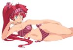  alisia_dragoon alisia_dragoon_(character) bare_shoulders bikini blue_eyes commentary_request facial_mark forehead_mark head_rest headband long_hair lying navel oggy oldschool on_side ponytail red_hair side-tie_bikini sketch smile solo striped striped_bikini swimsuit transparent_background 