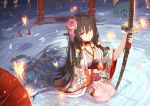  1girl alcohol bangs breasts brown_hair cleavage cup eyebrows_visible_through_hair flower hair_flower hair_oranment hair_ornament hair_ribbon highres holding holding_cup holding_sword holding_weapon japanese_clothes jewelry katana kimono large_breasts long_hair looking_at_viewer luoxuan_jingjie_xian mole mole_under_eye obi oiran oriental_umbrella original outdoors partially_submerged petals purple_eyes ribbon ripples sakazuki sake sash seiza sheath sheathed sidelocks sitting solo sword thighhighs tress_ribbon umbrella very_long_hair weapon weiyinji_xsk wide_sleeves 