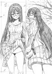  1girl absurdres alternate_costume anchor bag clothes_lift cowboy_shot dress dress_lift glasses greyscale hairband handbag highres kantai_collection kojima_takeshi long_hair looking_at_viewer monochrome ooyodo_(kantai_collection) ribbed_sweater semi-rimless_eyewear solo standing string_panties sweater sweater_dress sweater_lift tree under-rim_eyewear 