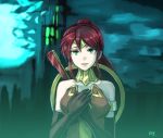  bare_shoulders elbow_gloves full_moon gloves green_eyes hair_between_eyes hands_on_own_chest long_hair moon pyrrha_nikos red_hair rwby solo sumiwow upper_body 