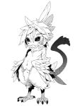  blush breasts claws commentary_request covered_mouth feathers fur_collar greyscale hair_between_eyes harpy monochrome monster_girl navel nude nukomasu original simple_background small_breasts solo tail white_background wings 