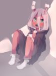  absurdres anklet bandages blue_eyes cloak darling_in_the_franxx drawfag food full_body hair_between_eyes highres hood hooded_cloak horns jewelry knees_up long_hair looking_at_viewer marshmallow open_mouth pink_hair red_pupils red_skin shadow sharp_teeth sitting solo spoilers teeth zero_two_(darling_in_the_franxx) 