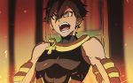  angry ankh bad_id bad_pixiv_id bare_shoulders black_shirt brown_hair fate/prototype fate_(series) hair_between_eyes male_focus mi_(pic52pic) open_mouth ozymandias_(fate) shirt sleeveless sleeveless_shirt solo sparks upper_body yellow_eyes 