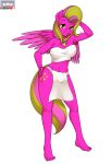 2013 anthro barefoot blonde_hair breasts clothed clothing cutie_mark digital_media_(artwork) equine fan_character feathered_wings feathers female fur gold_(metal) hair hi_res jewelry kloudmutt looking_at_viewer mammal multicolored_hair my_little_pony navel necklace nipple_bulge pegasus pink_fur pink_hair pose simple_background solo standing starshower two_tone_hair white_background wings yellow_eyes 