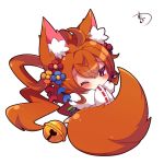  ahoge animal_ear_fluff animal_ears bangs bell blue_flower blush brown_eyes brown_hair chibi commentary_request covered_mouth eyebrows_visible_through_hair flower fox_ears fox_girl fox_tail fur_collar hair_between_eyes hair_flower hair_ornament japanese_clothes jingle_bell kimono korin_(shironeko_project) long_hair long_sleeves looking_at_viewer muuran one_eye_closed orange_flower red_flower ribbon-trimmed_sleeves ribbon_trim shironeko_project signature simple_background solo tail very_long_hair white_background white_kimono wide_sleeves 