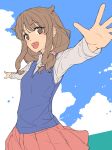  1girl :d azusagawa_kaede bangs blue_sky blue_vest blush brown_eyes brown_hair chiharu_(9654784) cloud collared_shirt commentary_request eyebrows_visible_through_hair hair_flaps hair_ornament hair_over_shoulder highres long_hair long_sleeves looking_at_viewer low-tied_long_hair miniskirt open_mouth outstretched_arms pink_skirt pleated_skirt round_teeth school_uniform seishun_buta_yarou shirt sidelocks sketch skirt sky smile solo teeth upper_body upper_teeth vest white_shirt 
