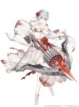  absurdres barefoot blood bloody_clothes bow_(weapon) bra breasts cleavage crossbow dancer floating_hair flower full_body grey_eyes hair_flower hair_ornament highres holding holding_weapon ji_no long_hair looking_at_viewer midriff official_art red_flower see-through sidelocks silver_hair simple_background sinoalice skirt small_breasts snow_white_(sinoalice) solo torn_clothes underwear veil weapon white_background white_bra white_skirt 