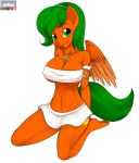  2013 anthro big_breasts breasts clothed clothing cutie_mark digital_media_(artwork) equine fan_character feathered_wings feathers female gold_(metal) green_eyes green_hair hair hi_res jewelry kloudmutt kneeling looking_at_viewer mammal my_little_pony navel necklace pegasus simple_background skirt solo sunkiss wings 