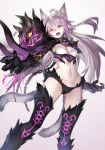  agrius_metamorphosis ahoge animal_ears ass_visible_through_thighs atalanta_(alter)_(fate) atalanta_(fate) belt_collar black_legwear blush breasts cat_ears cat_tail chain claws commentary_request crop_top fate/grand_order fate_(series) fur grey_background hair_between_eyes multiple_tails navel open_mouth small_breasts solo standing tail yellow_eyes yoshimo_(yoshimo1516) 