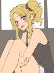  1girl :d bangs bare_arms bare_legs bare_shoulders black_scrunchie black_shirt blonde_hair blue_eyes blue_shorts blush braid breasts camisole chiharu_(9654784) commentary_request feet_out_of_frame from_side furrowed_eyebrows hair_ornament hair_scrunchie highres knees_up lace_trim leg_hug long_hair looking_at_viewer looking_to_the_side open_mouth parted_bangs scrunchie seishun_buta_yarou shirt short_shorts shorts side_ponytail sidelocks sitting sketch smile solo thighs toyohama_nodoka 
