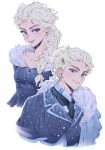  1girl black_neckwear blue_eyes braid dress dual_persona elsa_(frozen) feather_boa frozen_(disney) genderswap genderswap_(ftm) highres looking_at_viewer o2_(o2mm) simple_background single_braid smile white_background white_hair 